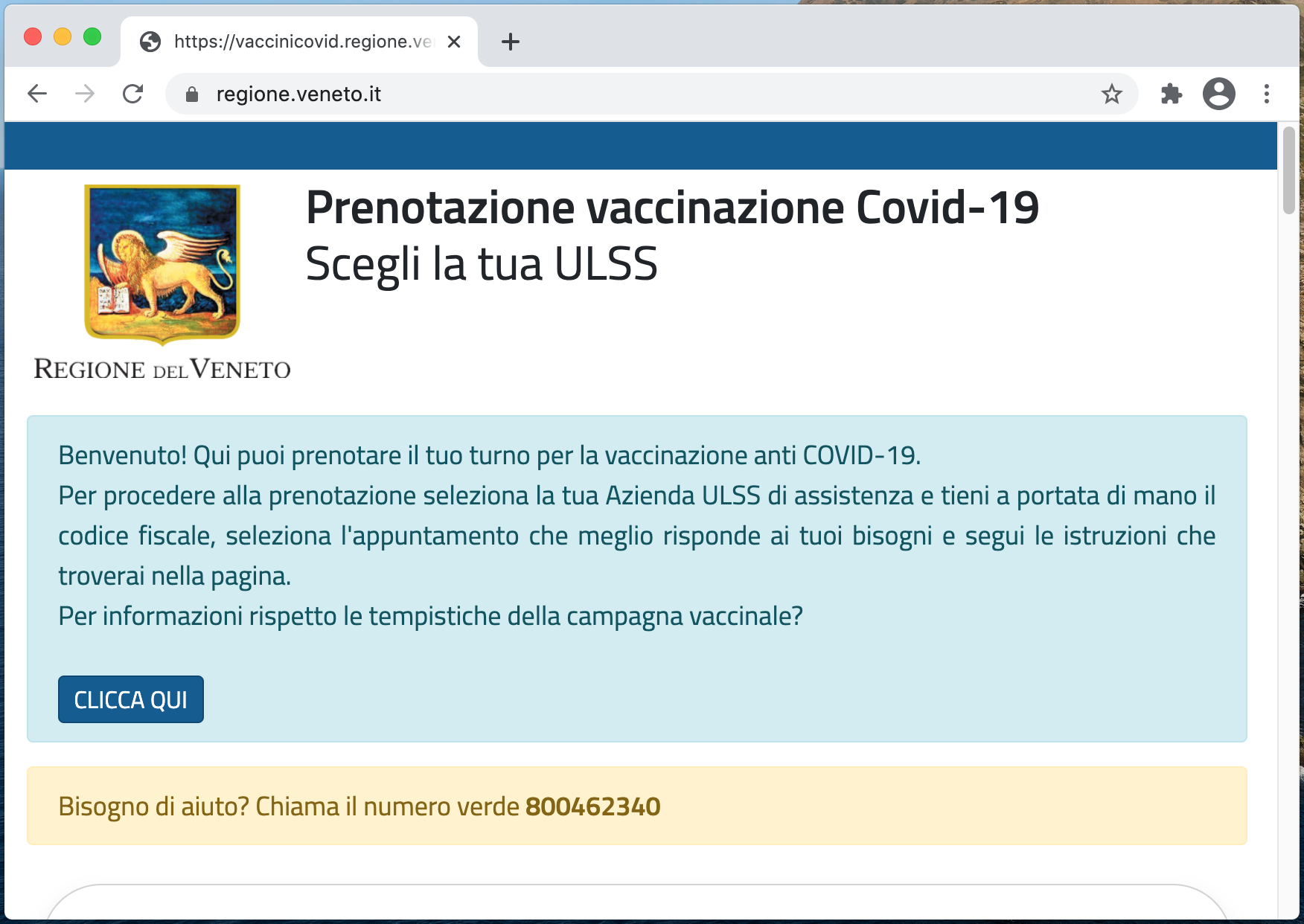 A screenshot of Regione del Veneto's vaccination booking website.